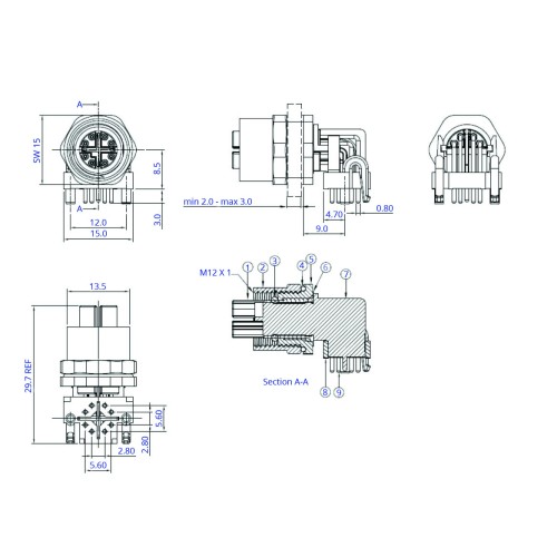 CC12R-08S-FX-PBS - M12 Right Angle Shielded Socket (X Code)