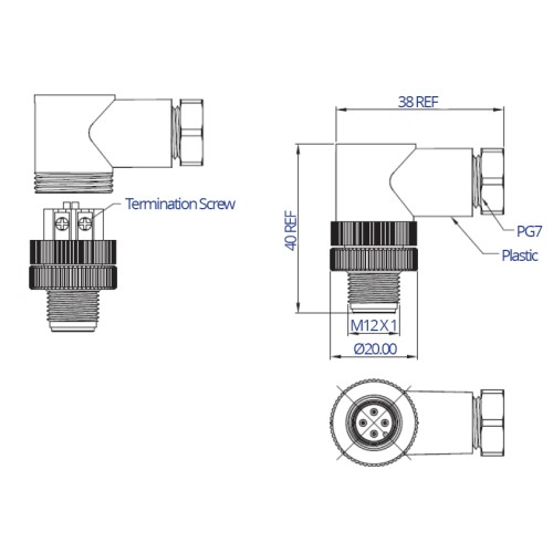 CC12R-XXP-X-AE4 - M12 Cable Mounted Right Angle Plug (A,B and D Code)