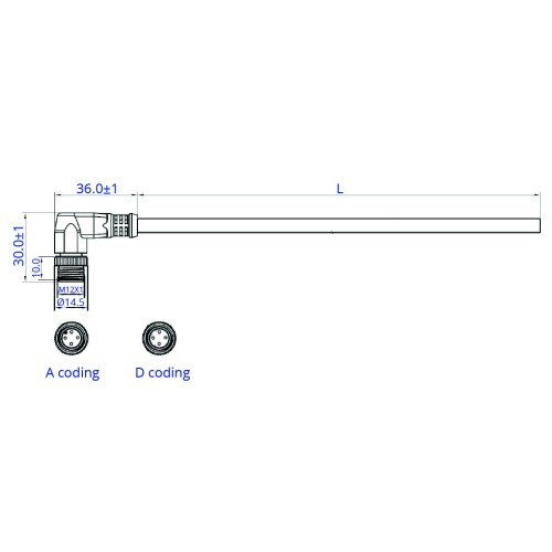 SCM12-XXPXR-XXXX - M12 Right Angle Over-moulded Plug Cable Assembly (A or D Code)