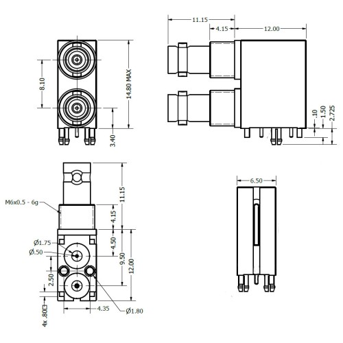 XPS-12-RB15-GNDHP - Dual Port Right Angle Micro BNC Connector